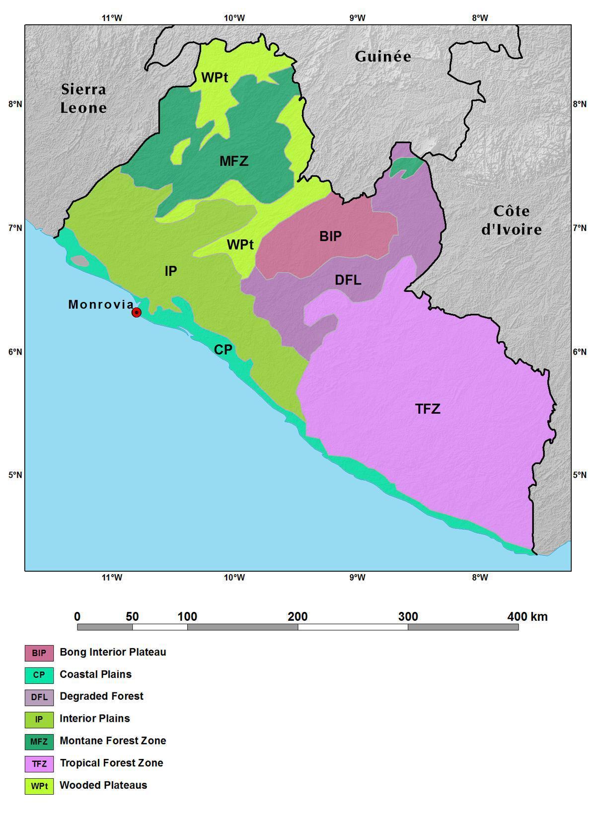 mapa de Liberia montañas