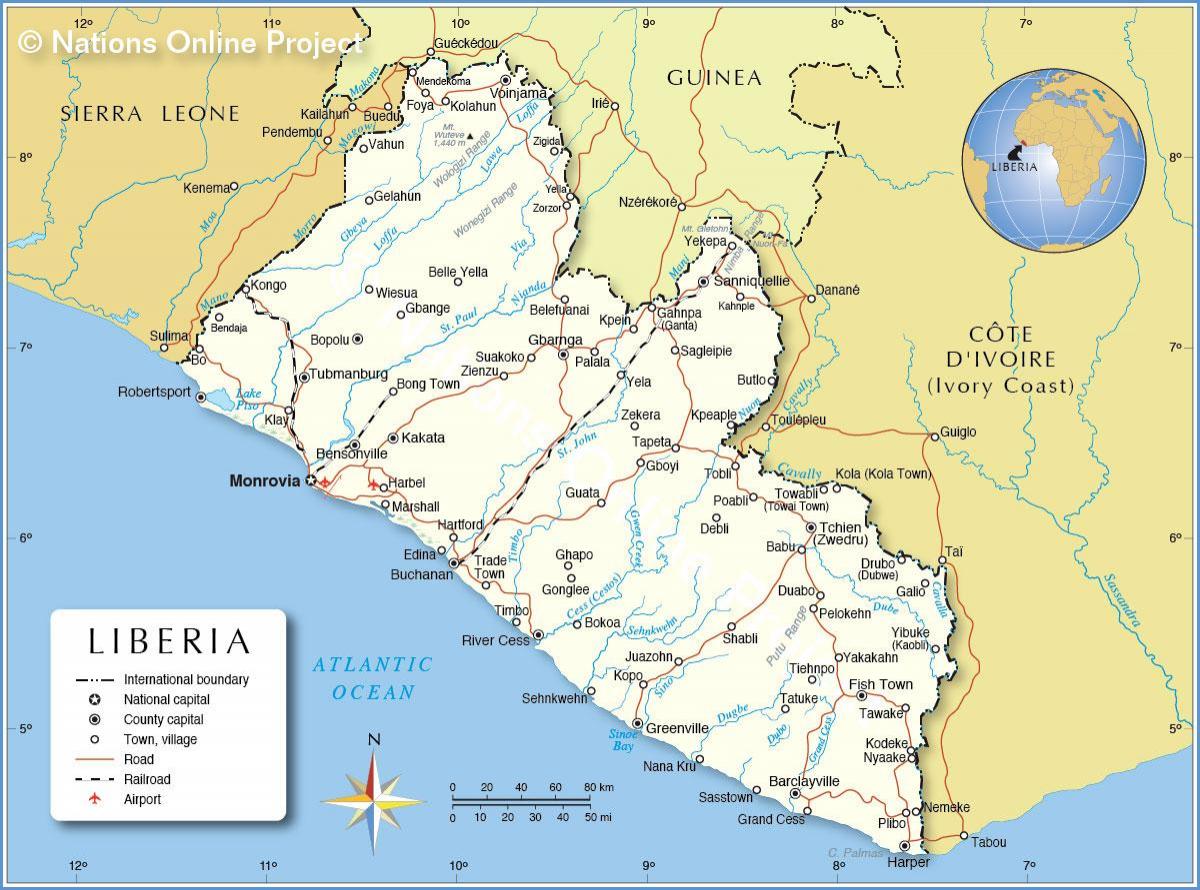 mapa de Liberia, áfrica occidental