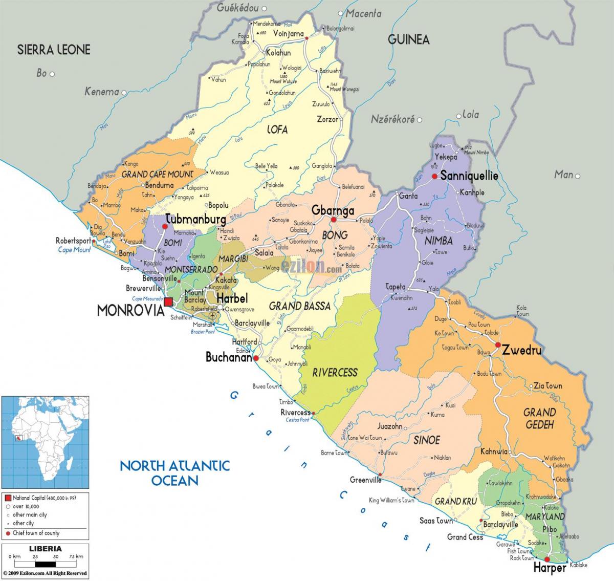 el mapa político de Liberia